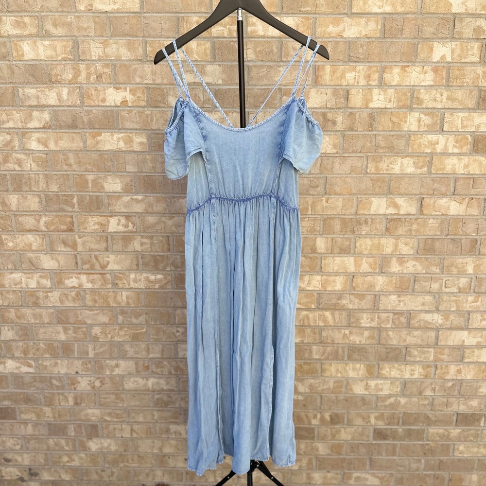 Earthbound Trading Co Lua Nova Chambray Maxi Dress Small Off Shoulder Midi Boho